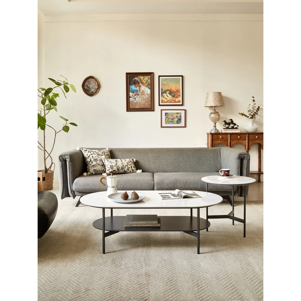 Coffee Table Ceramic, Painting Double Layer Coffee Table for Living Room, White Ceramic and Coffee Brown Bottom Shelf