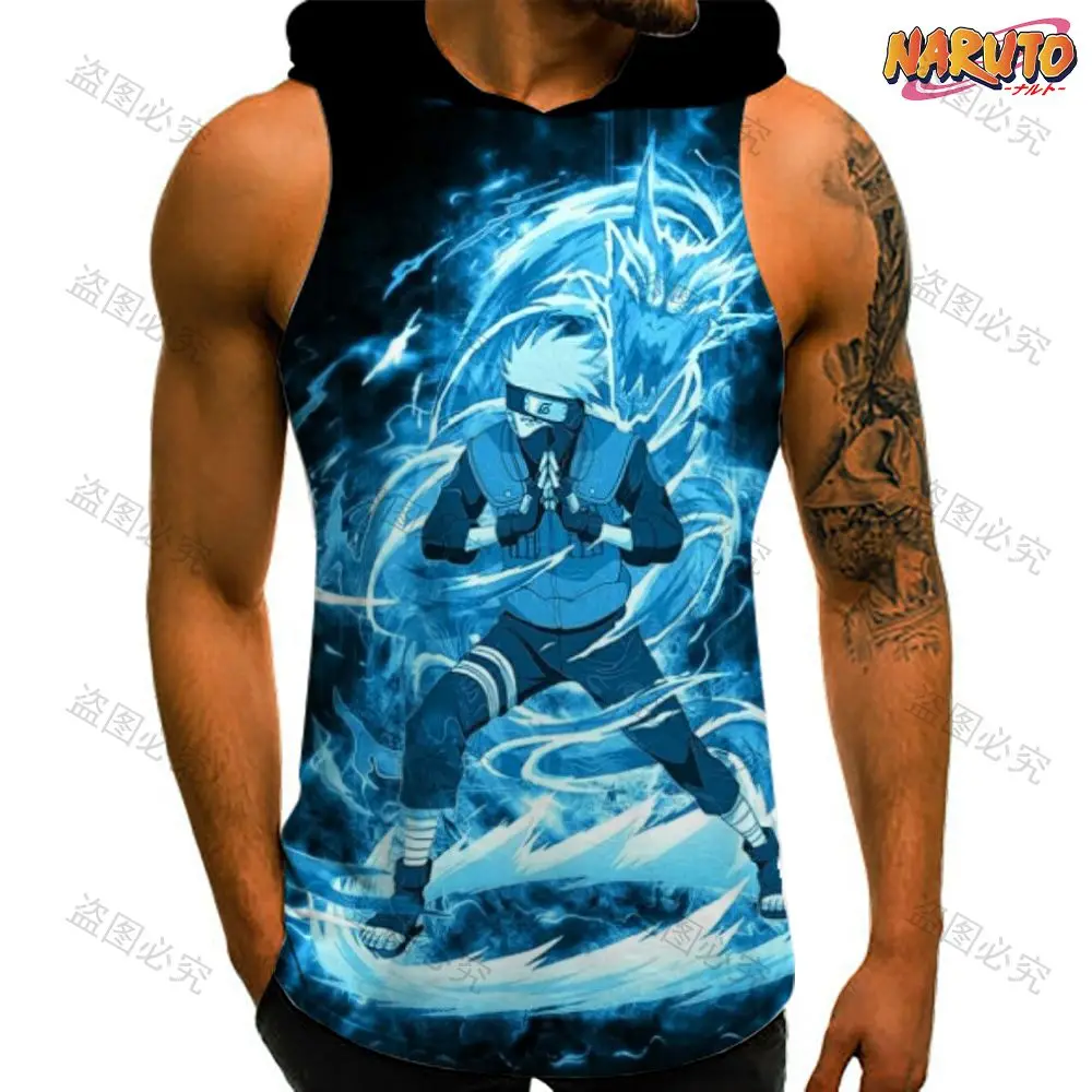 Men's Clothes Essentials Hooded Vest Clothing Trend Naruto T-shirts Oversized Man Sleeveless Shirt 2024 Sportswear New Y2k Gym