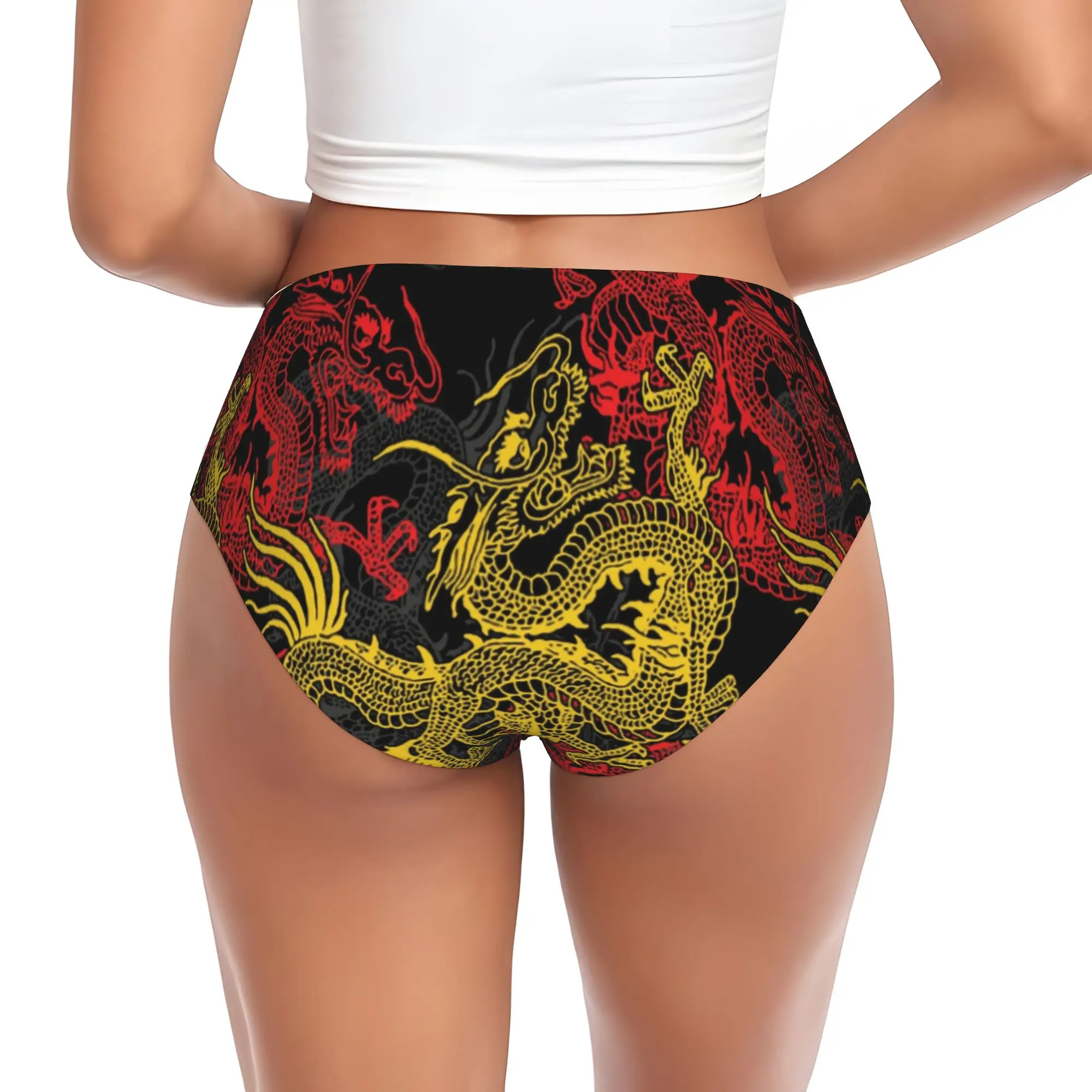 Golden Chinese Dragon Pattern Briefs Underwear Women's Breathable Stretch Oriental Mythical Panties