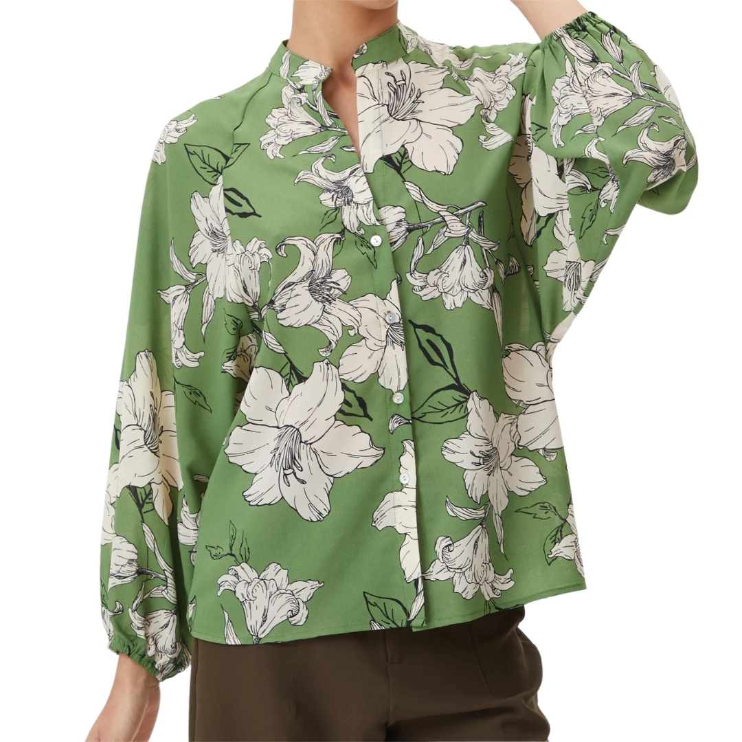 Traf Women's Green Floral Print Blouse Tops Slim Shirt Blusas Polyester Buttons Blusa Official Clothing Women 2024