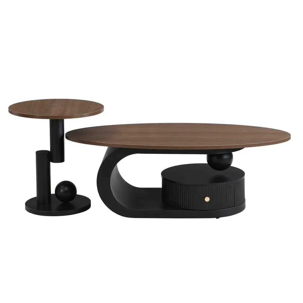 Luxury Nesting Coffee Table Set Oval Large 47in Small Round 19in Black Metal Frame NaturalWood MDFTopStorage Safe RoundedCorners