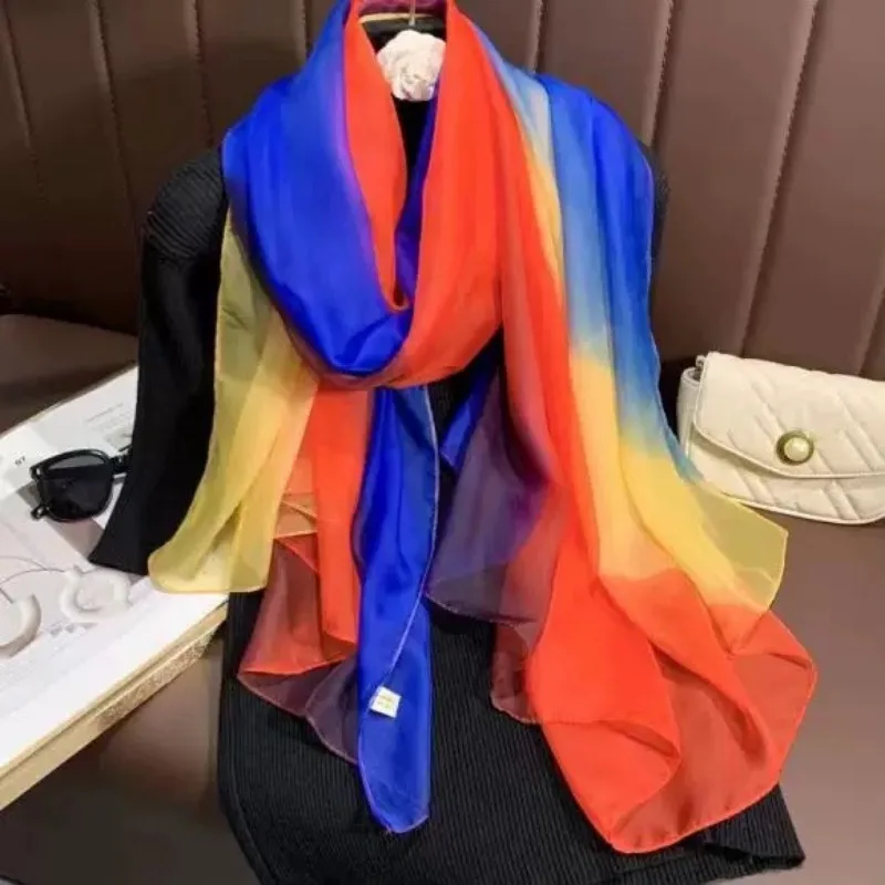 

New Unisoft Colorful Rainbow Gradient Thin Silk Scarf Dance Long Scarf Korean Edition Fashion Versatile Beautiful Shawl Scarf