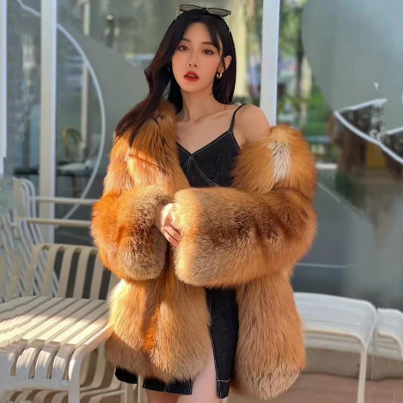 Women Real Red Fox Fur Coat Natural Genuine Fox Fur Jacket Mid‑Length Luxury Fluffy Warm Winter Fashion Outerwear For Ladies