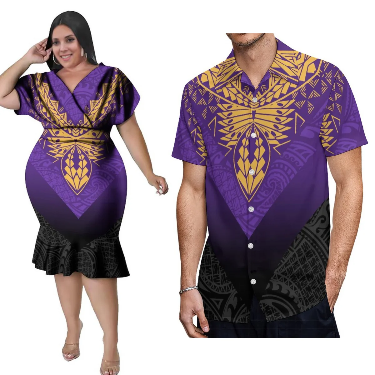 

High Quality Women'S V-Neck Dress Polynesian Tribe Design Tight Fishtail Skirt With Men'S Shirt Couple Set Free Shipping