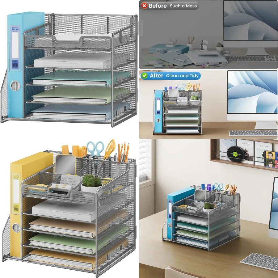 Lavatino 5-Tier Metal Mesh Desk Organizer with File Holder and 7 Customizable Compartments for Office or Home Desk Storage Keep