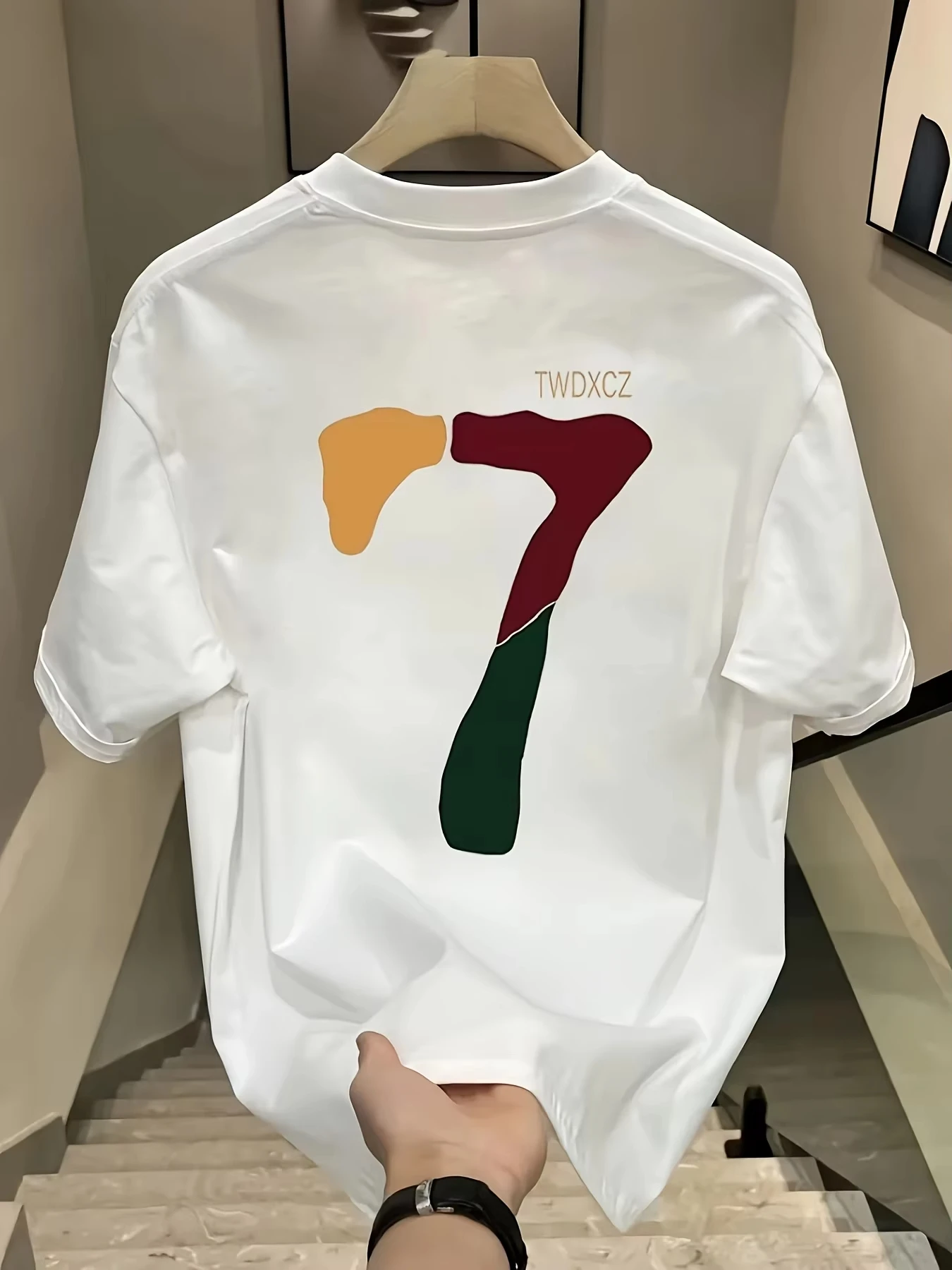 Multicolor Number 7 Art Print on Premium Soft 100% Cotton Mens T Shirt Perfect for Summer Casual Minimalist Style