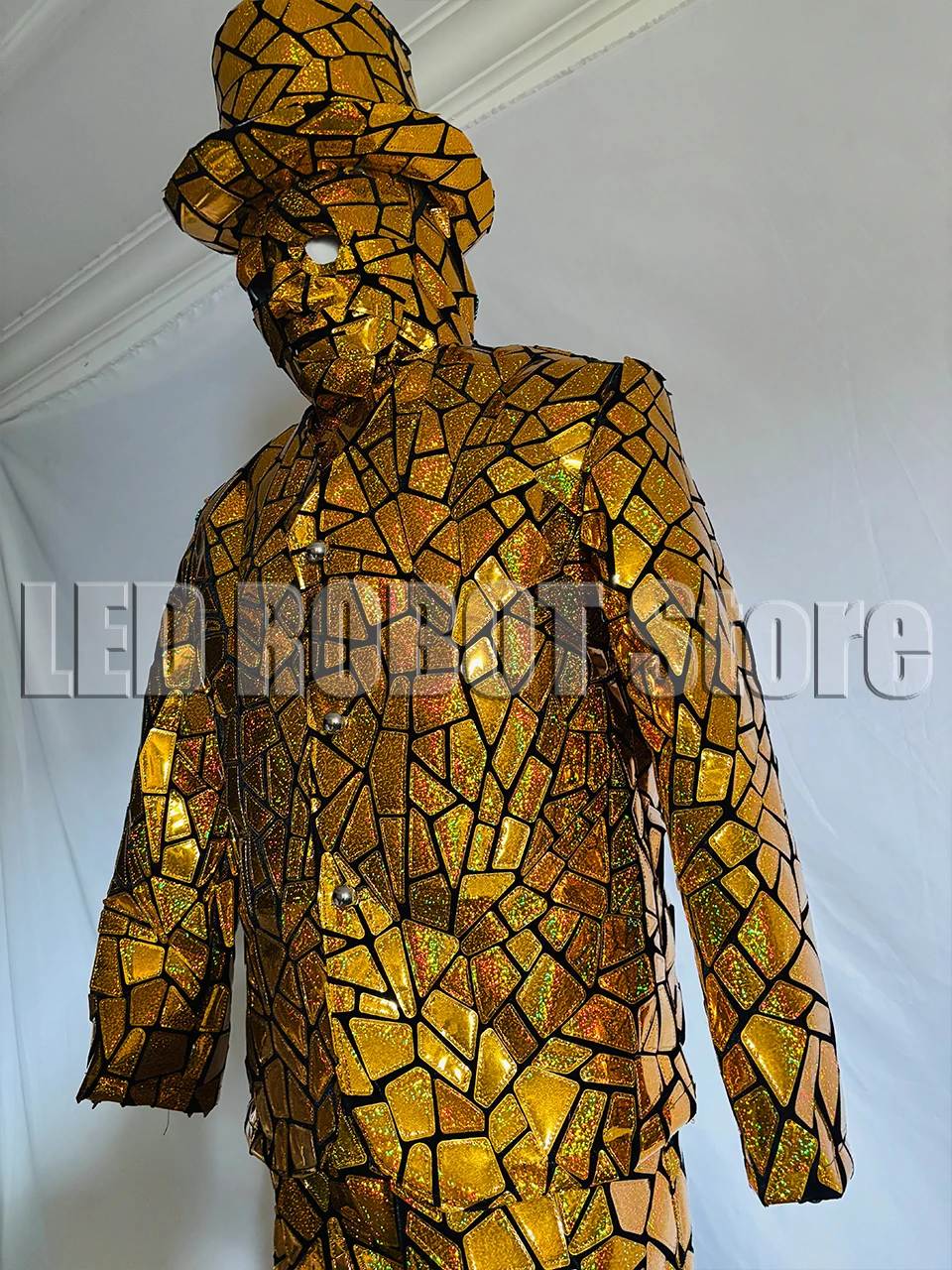 

Gold Mirror Material Robot Suit Costume with Stilts Walker for Stage Show DJ Dancing Kryoman Giant Gold Color Clothing