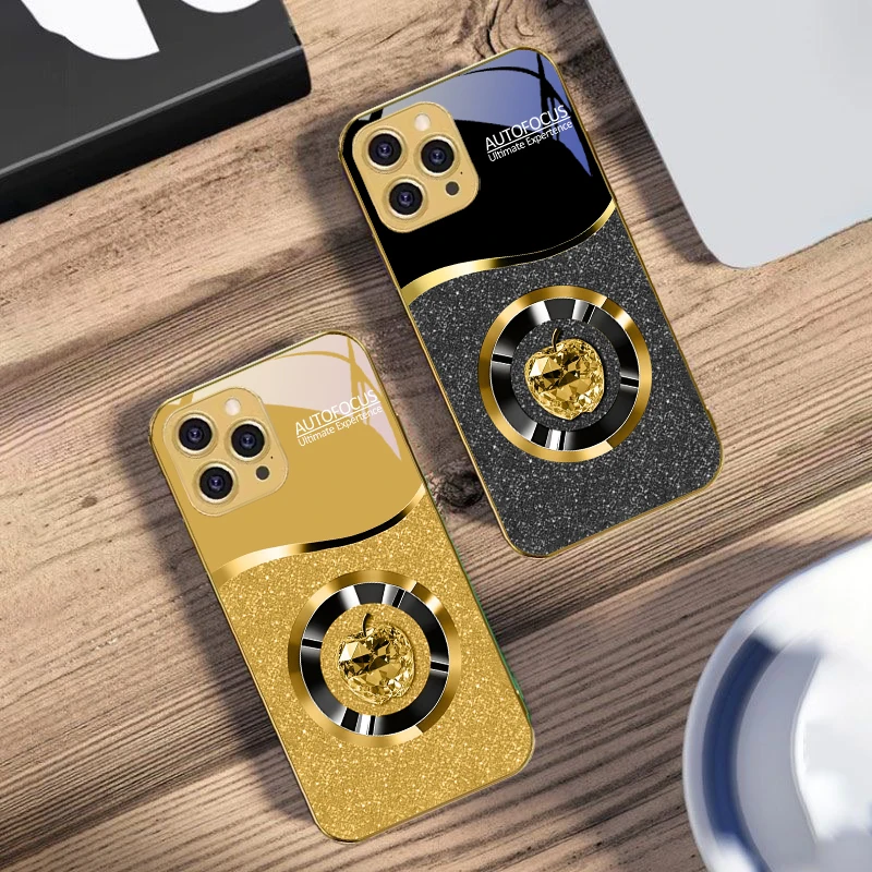 

Crystal Purple Apple For IPhone 16 16Pro Max 15 P ro 14 13 Plus 12 Mini 11Pro Max XS Max XR Golden tempered glass phone case