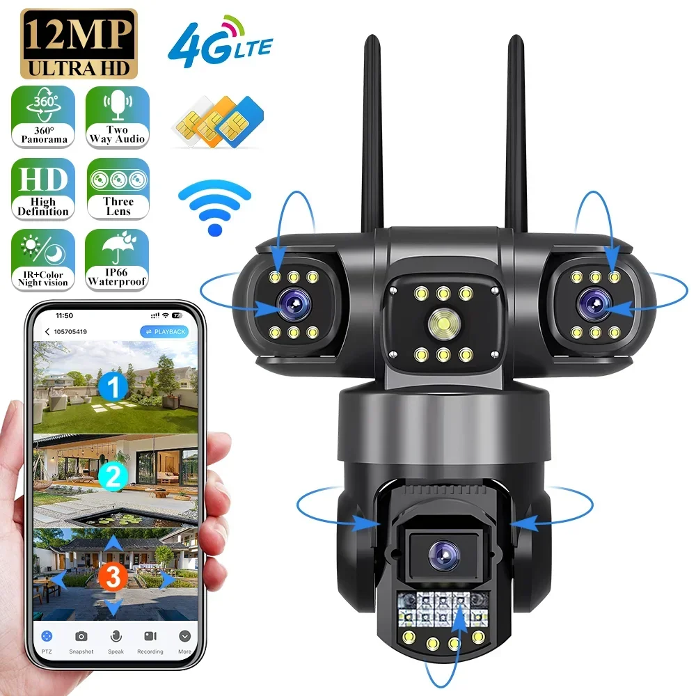 4G Outdoor Waterproof Camera With Sim Card 12MP Three Lens Monitor Night Vision Security PTZ WiFi CCTV Home V380 Pro Camera