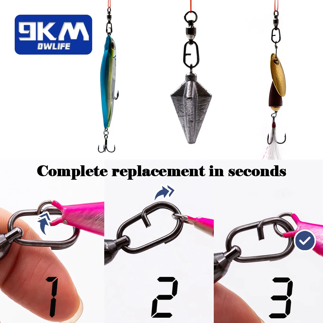 9KM-Fishing gira com Split Ring, Ball Bearing giratória, Carp Fishing Lure conectores, Power Clip, água salgada, 25-100Pcs