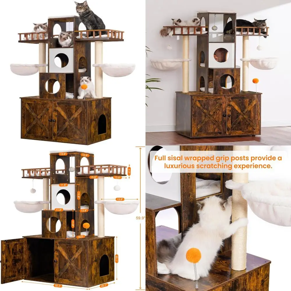 

Sturdy Indoor Cat Tree with Litter Box Enclosure for Large Cats, 20lbs Capacity Modern Cat Condo