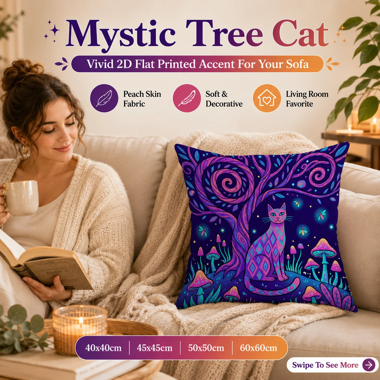 Fantasy Cat Cushion Cover 2D Flat Printed Peach Skin Pillowcase For Sofa Living Room Decor Psychedelic Mythical Cat Pillow Shell