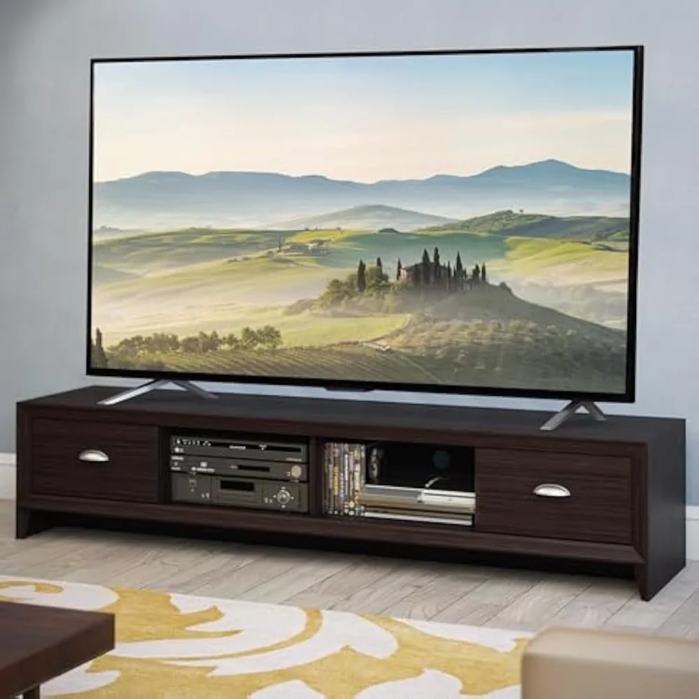 حامل تلفزيون خشبي حديث باللون البني الداكن مع أدراج لمعظم أجهزة التلفاز حتى 85 بوصة لغرفة المعيشة – مدخل طويل ومنخفض المستوى #2