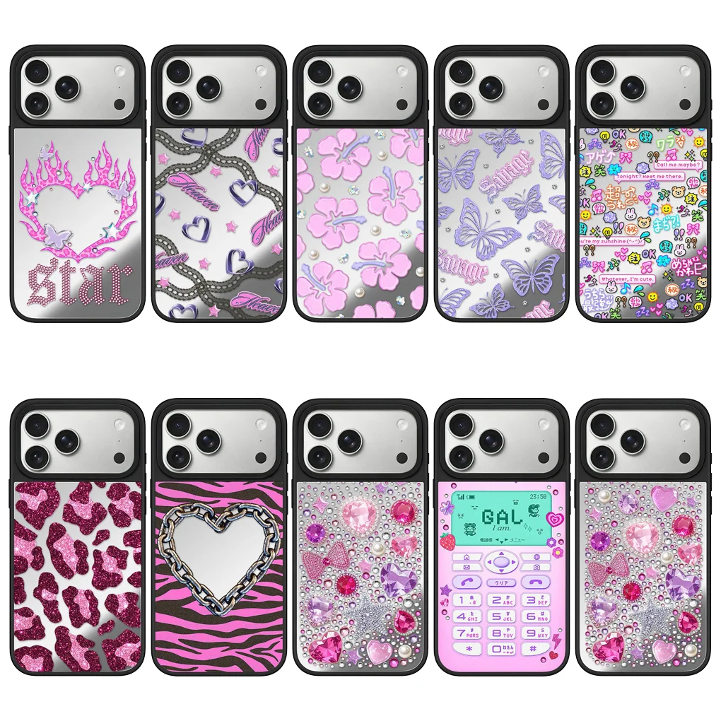 

Gyaru Style Pattern Mirror Surface Phone Cover for IPhone 14 15 16 17 Pro Max Case for IPhone 17Pro