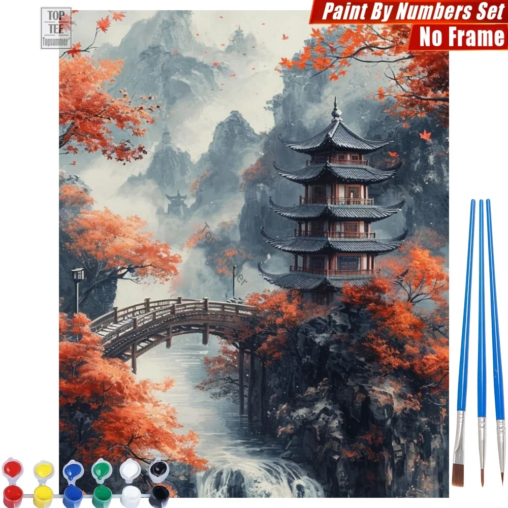 Kit de pinturas al óleo digitales con diseño de puente de pagoda antigua, hojas rojas, decoración clásica para el hogar, regalo de Acción de Gracias para amantes de Japón