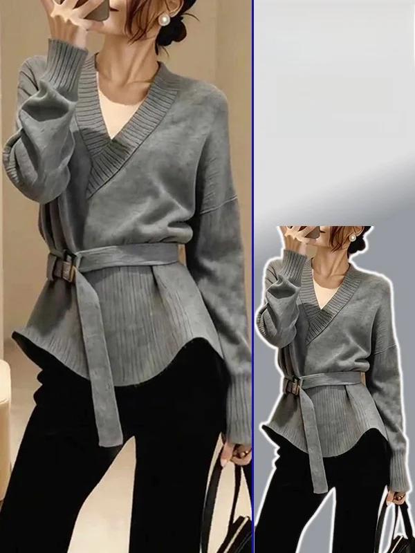 

Свитер больших размеров с V-образным вырезом, приталенный, с поясом-завязкой, универсальный, весна-осень, новый дизайн, вязаный топ.