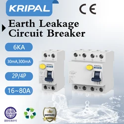 Differential Residual current Circuit breaker RCCB RCD 30mA 300mA 4P Earth Leakage Circuit Breaker 16A 25A 40A 63A 80A