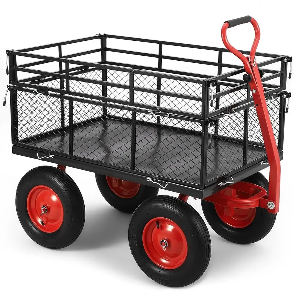 

1400 lbs Steel Garden Cart, Heavy Duty Metal Yard Utility Wagon with Removable Mesh Sides, 2-in-1 180° Rotating Handle and 16 in
