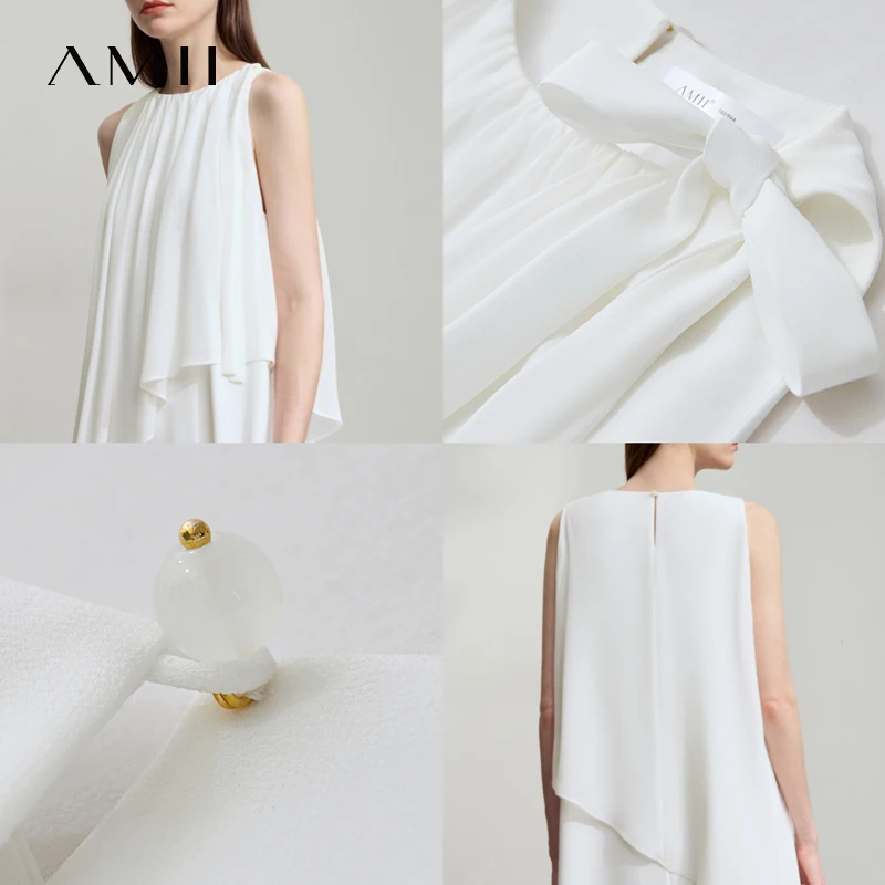 AMII Abito da sera di lusso minimalista Donna 2025 Vacanza estiva O Collo senza maniche Pezzo galleggiante irregolare Abiti Cami 12542203