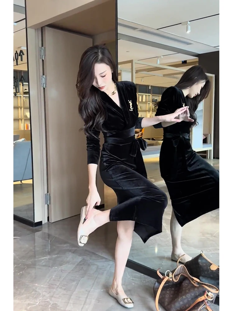 

Ele Bla Velvet Dr Women's Autumn Winter Hepburn Sle Little Bla Dr High Waist Slim Fit Evening Gown