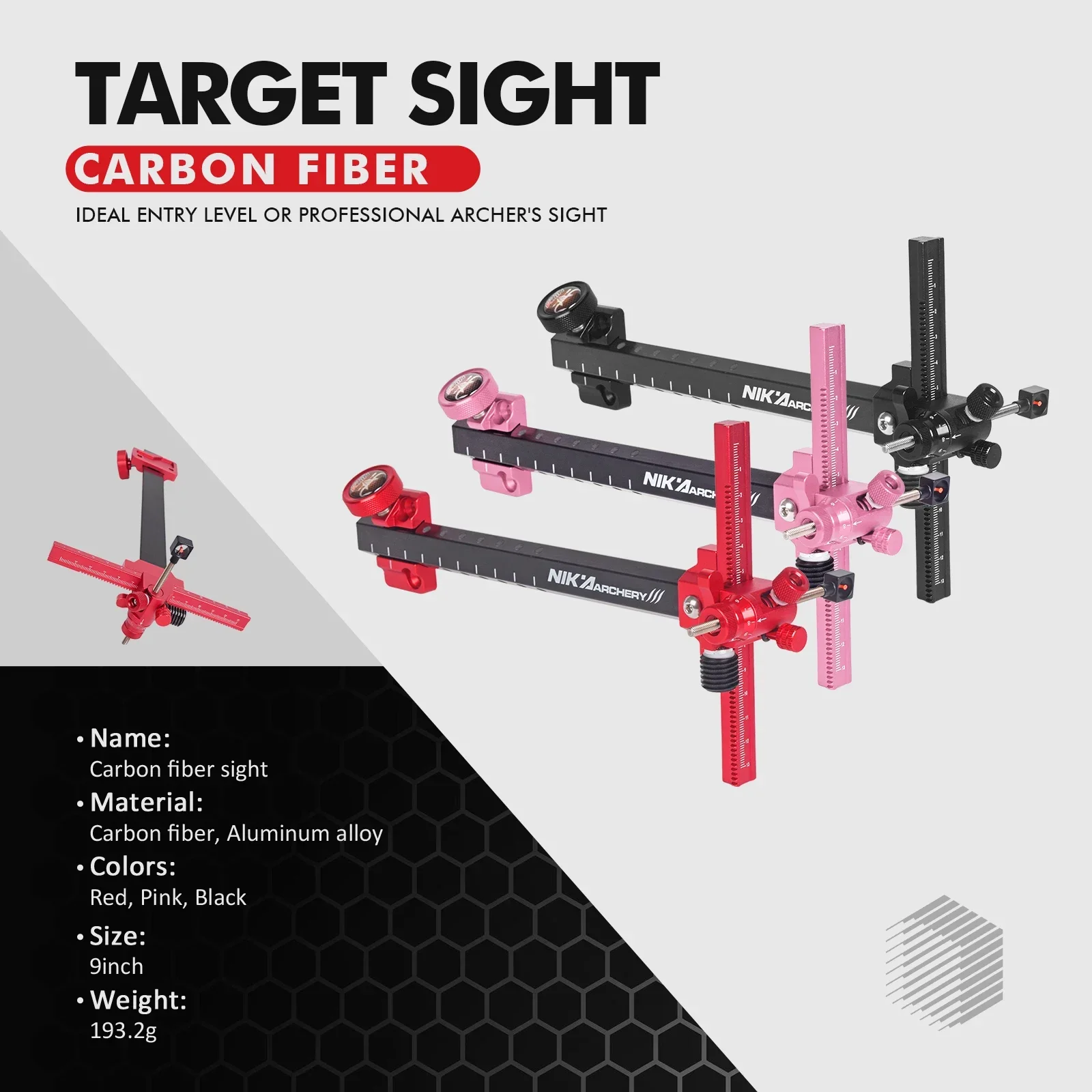 Archery Recurve Bow Sight (carbon style)  9inch T Shape Target Sight For Shooting Hunting Accessories Right Hand Black/Pink/Red view 2