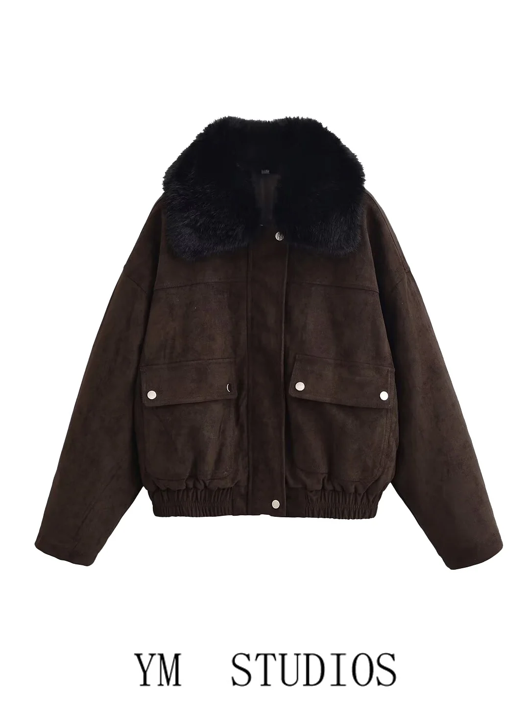 

Women's Brown Suede Parka Coat Thiened Winter Jaet with Large Fur Collar Street Sle Long Sve Zipper Closure