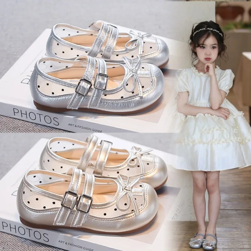 Kids Girls Silver Hollow Mary Jane Shoes with Bow, Soft Non-slip Sole, Breathable Footwear for Summer & Casual Wear