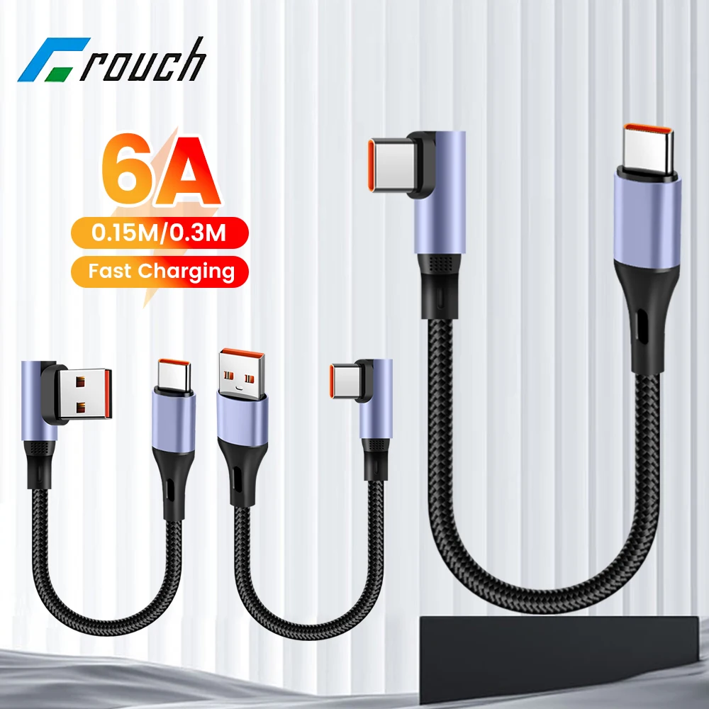 0.15M/0.3M Short USB Type C Cable 6A Double Elbow USB C To Type C Fast Charging Cable for iphone 15 16 Samsung Xiaomi Huawei