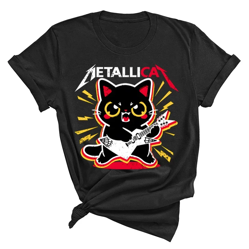 Metall Cat Tops Rock and Roll Kittens T-shirts Guitar Player Vintage Clothes Y2k Fashion Lady Tees Female Summer Tshirt Graphic