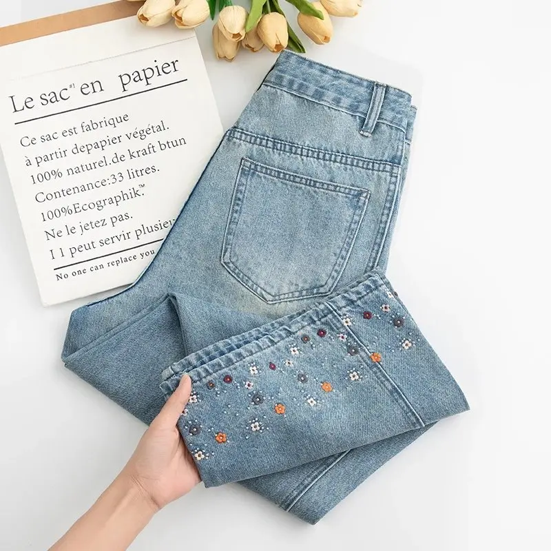 

Women's Blue Jeans Exquisite Flower Embroidered High Waist Wide Leg Pants Summer New Casual Versatile Straight Leg Pants 2026