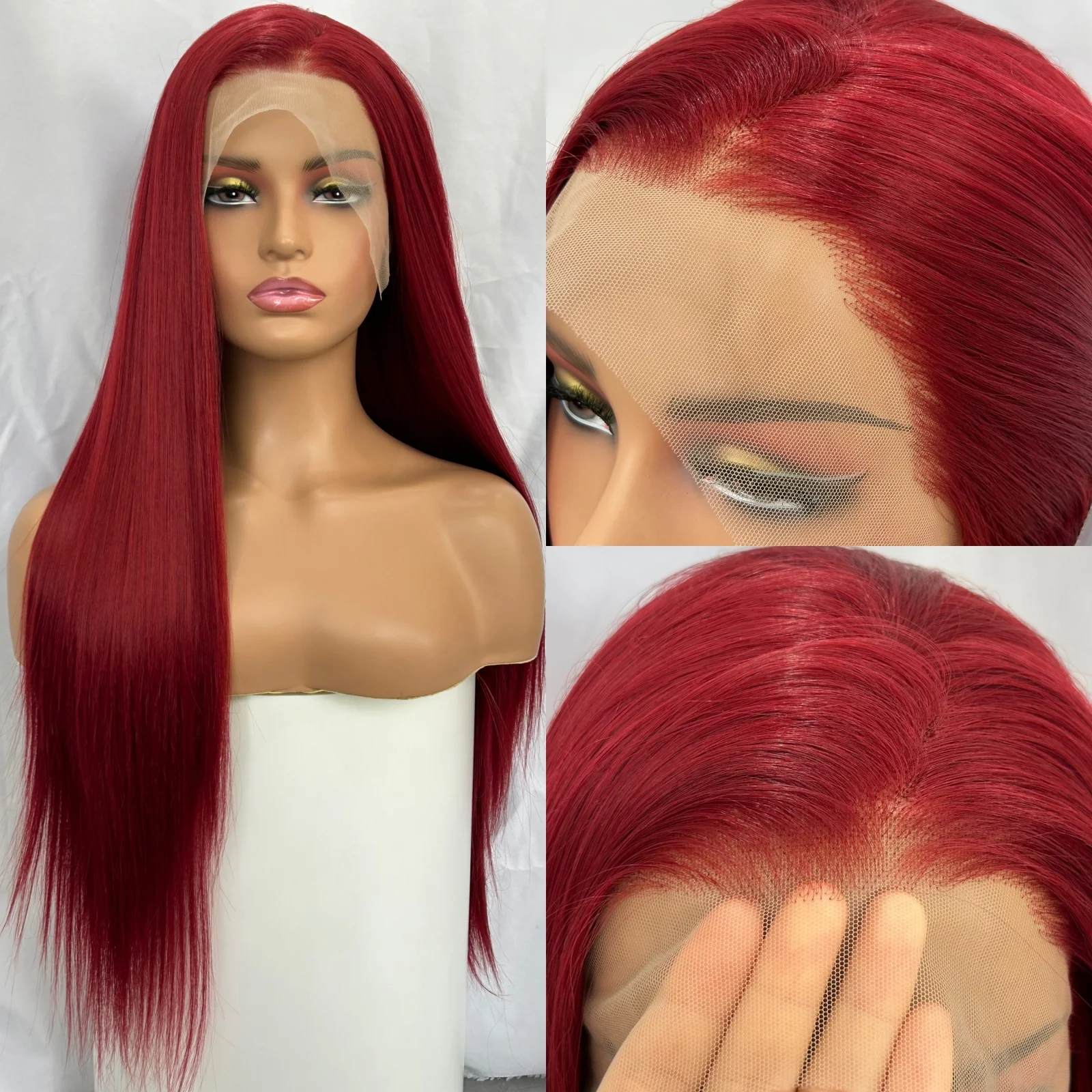 99J Burgundy Synthetic Lace Front Wig Free Part Pre Plucked Glueless Long Straight Dark Red 13X4 Frontal Wigs for Women Daily