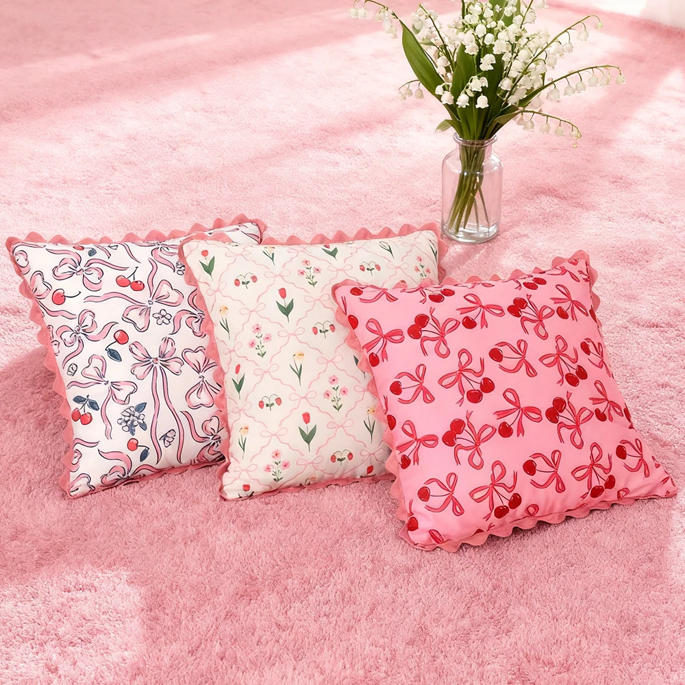 BUYNOW 1PC Bouquet Bowknot Printed Curved Lace Pillowcase Fresh Countryside Cottage LivingRoom Sofa Cushion Cover Home Bed Decor