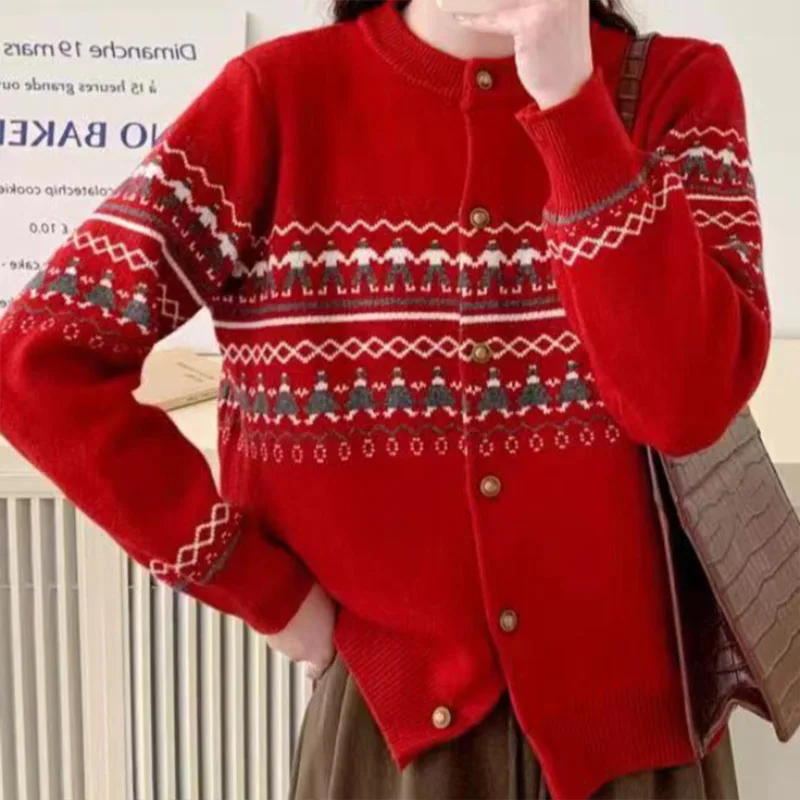 Autumn Vintage Jacquard Single Breasted Knitted Cardigan Women Clothing Fashion Loose Casual Comfortable O-neck Sweaters