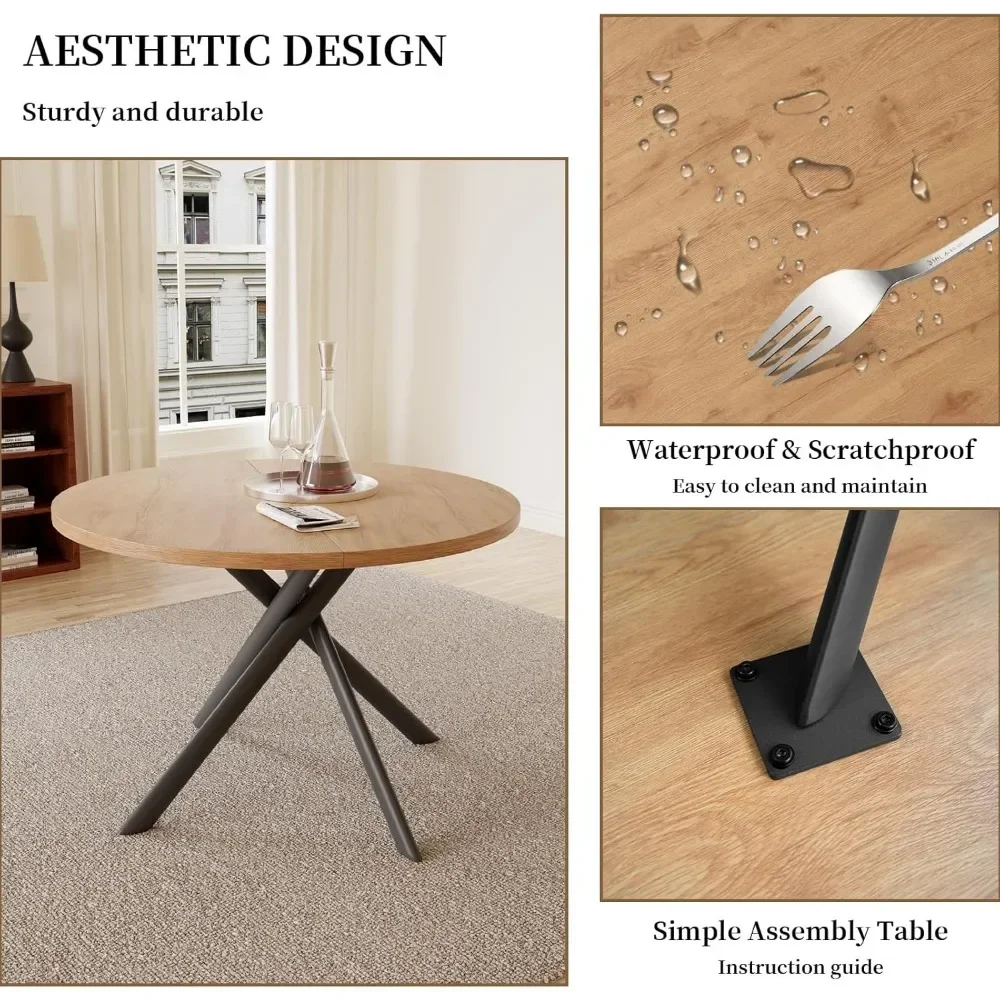 45.3 Inch Round Dining Table Set for 4, Tables + 4 U-Shaped Brown Chairs, Mid Century Modern Small Kitchen Dining Table Set