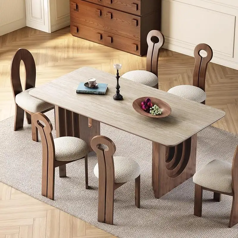 

Medieval travertine rock slab solid wood dining table American French walnut retro style medium and small apartment