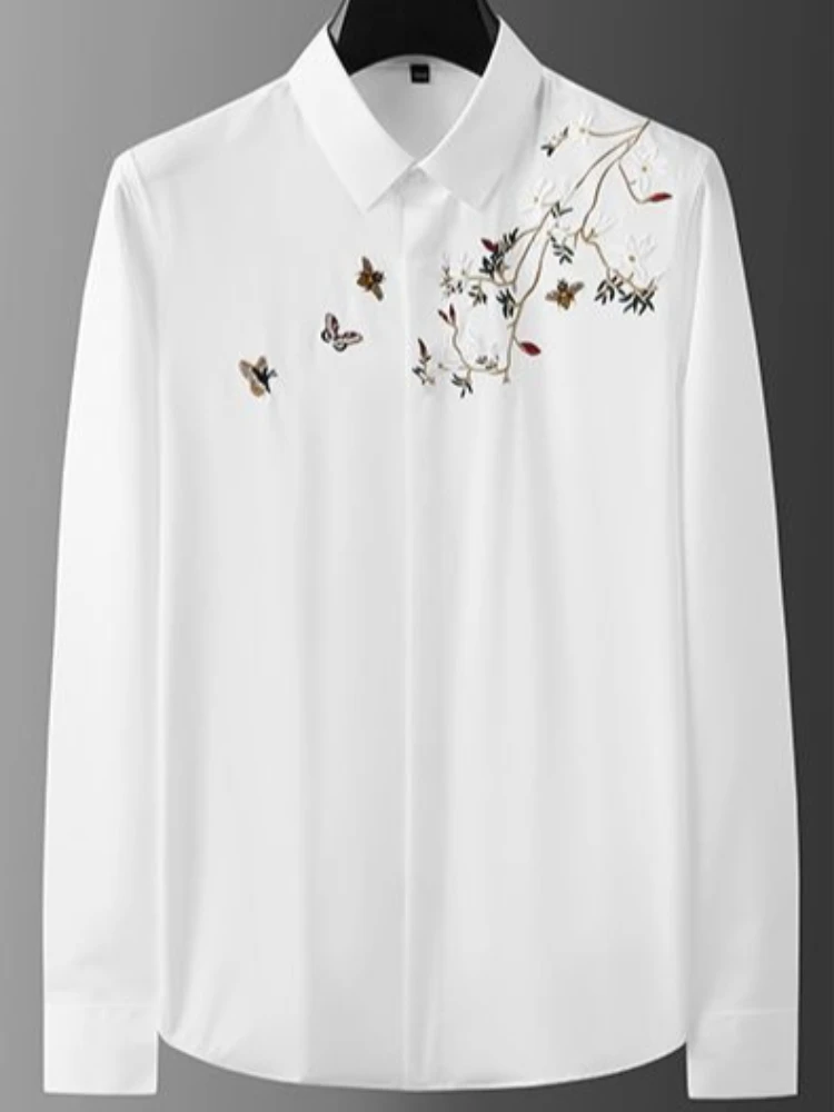 

Мужская рубашка с длинным рукавом, не требующая глажки, с эффектом устранения складок, приталенного кроя, весенняя новинка, в китайском стиле, с вышивкой, модная, для делового повседневного стиля