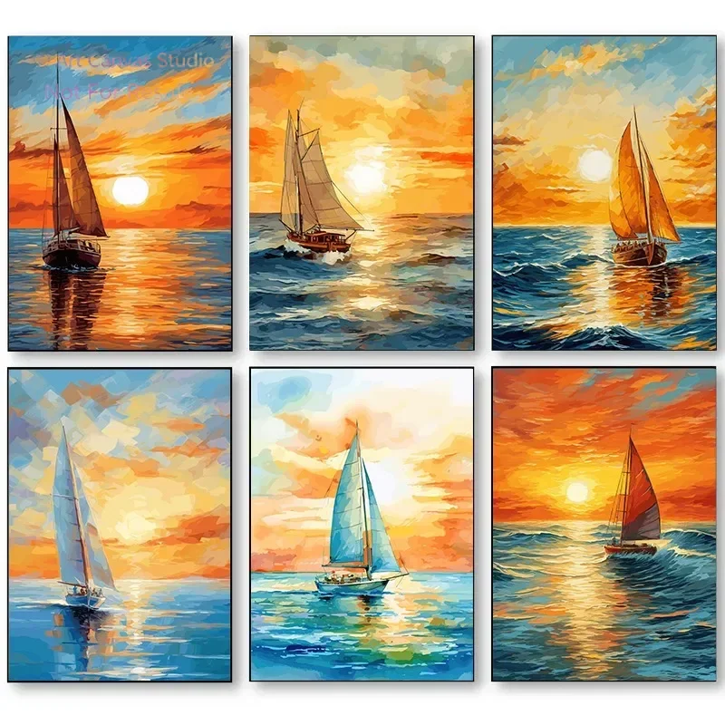Modern Simple Sailboat Seascape Sunset Watercolor Illustrations Retro Poster Canvas Paintings Wall Art Pictures Home Decor