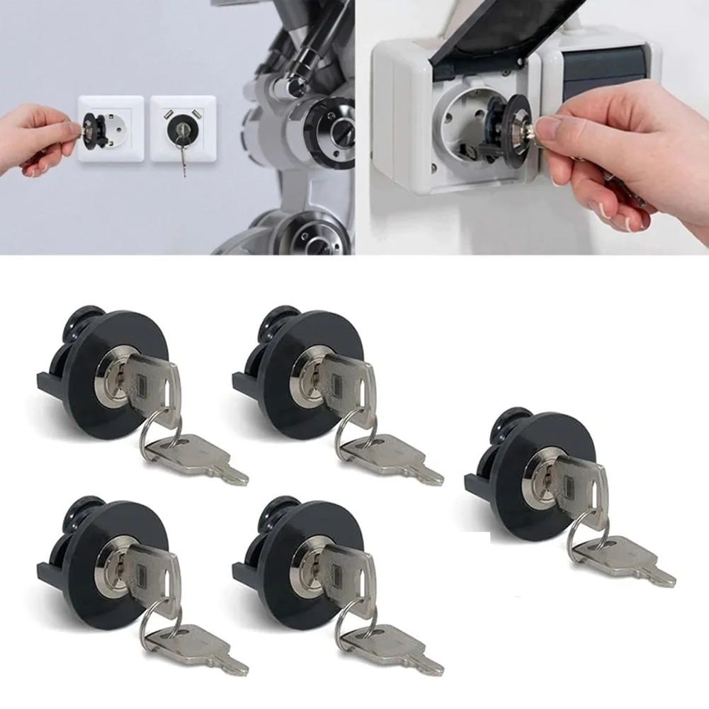 Fechadura de soquete com chave para bloquear tomadas elétricas, 5 peças para evitar roubo de energia e acesso ao filho, design anti-quebra de liga de zinco