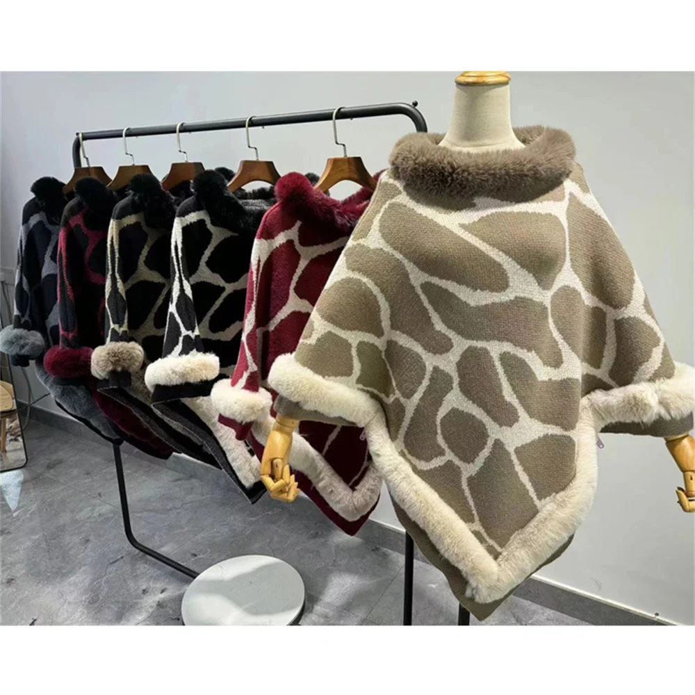 6 Colors Women Cow Printed Poncho Triangle Shawl Outwear Autumn Winter Fashion Faux Rabbit Fur Neck Pullovers Capes Overcoat