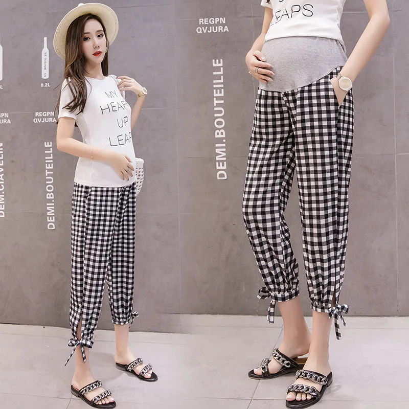 Pregnant Woman Pregnancy Pant High Waist Thin Loose Fashion Plaid Belly Trousers Floor-length Maternity Wide Legs Pants Summer