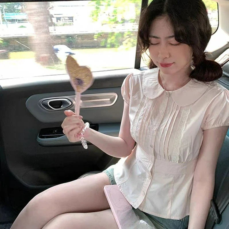 

Sweet Peter Pan Collar Shirt For Women Summer Lace Up Puff Sleeve Short Top