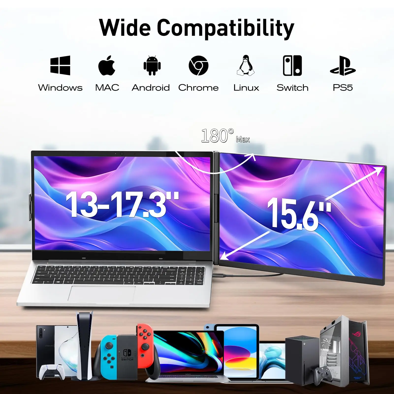 For Gaming Business Compatible for 13"-17.3" Laptops 15.6" FHD IPS LCD Laptop Screen Panel Double Extended Monitor view 4