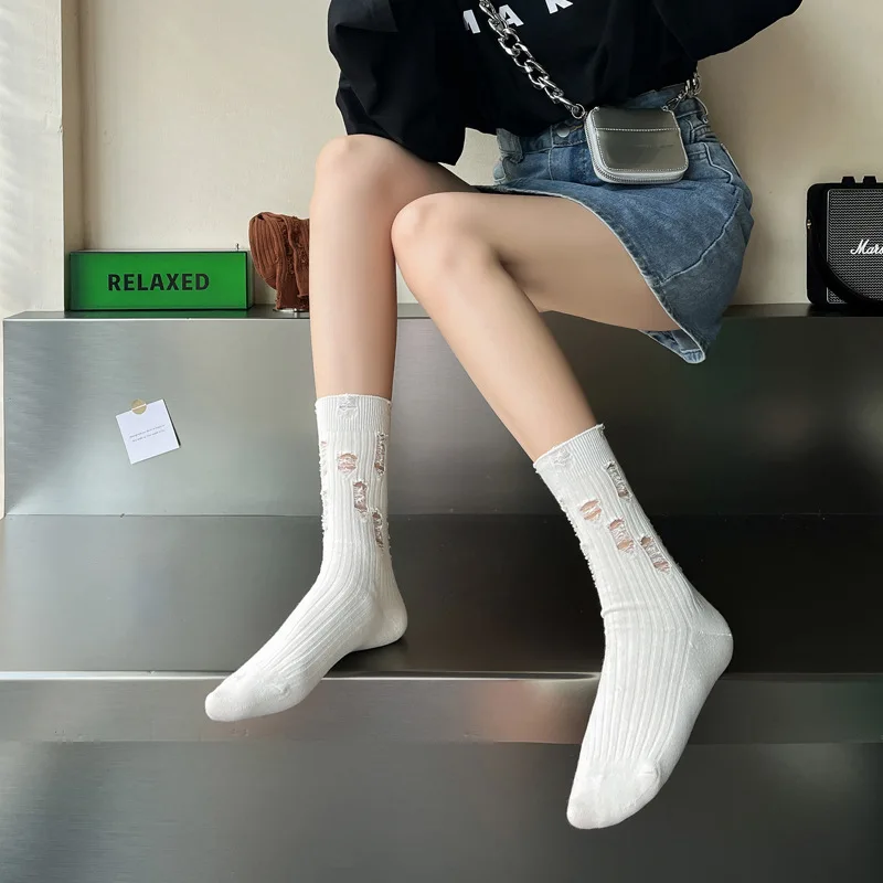 1Pair Fashion Socks for Women's Harajuku Broken Hole Beggar Autumn Winter Pile Socks Hip-Hop Y2K Cotton Socks Medium Tube Socks