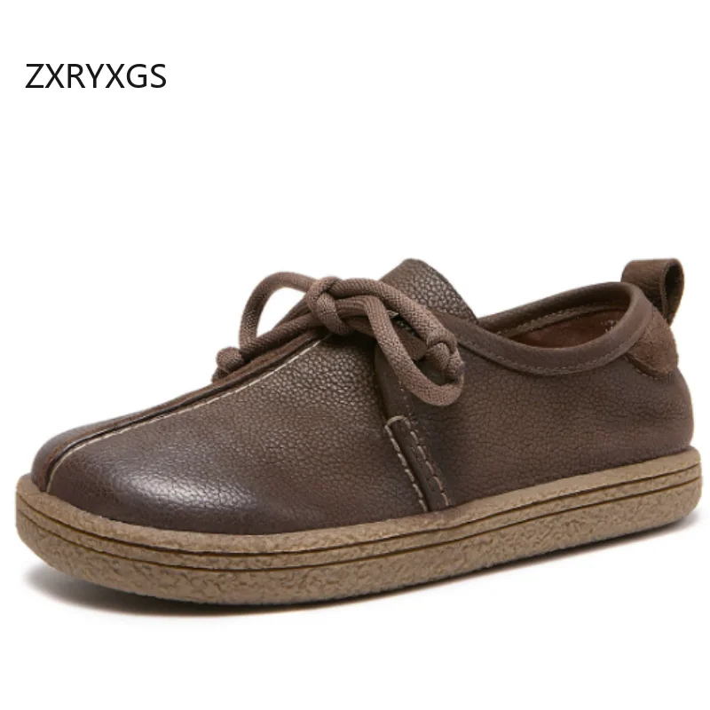 ZXRYXGS Classic Retro Top Cowhide Full Real Leather Shoes Woman New Flats 2026 Autumn Elegant Comfort Lace-up Women Trendy Shoes