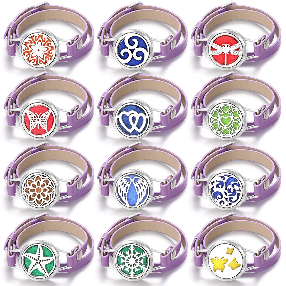 New Purple PU Leather Angel Wings Aroma Bracelet Spiral Open Essential Oil Diffuser Locket Neutral Wristbands Bracelet Jewelry