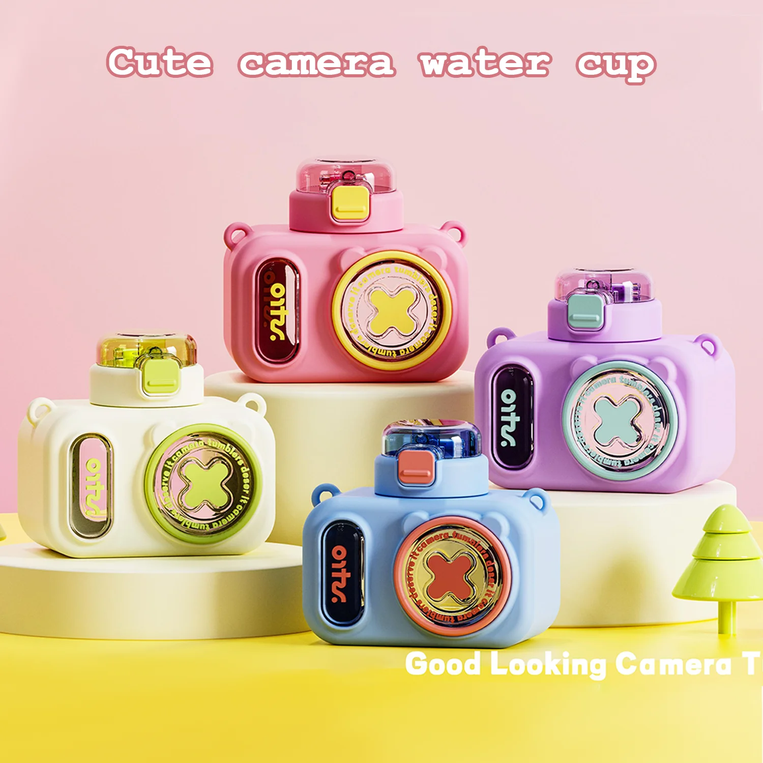 

1PCS Children's 580ml straw water cup, milk cup, cute portable water bottle in the shape of a cartoon camera