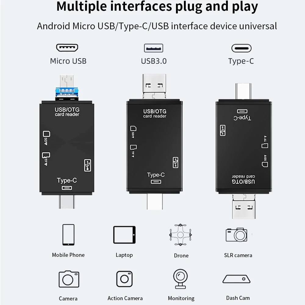 TISHRIC 6 In 1 Card Reader TF Card SD Card USB Type-C Micro USB Memory Card Reader Flash Drive Card Adapter For Computer Phone