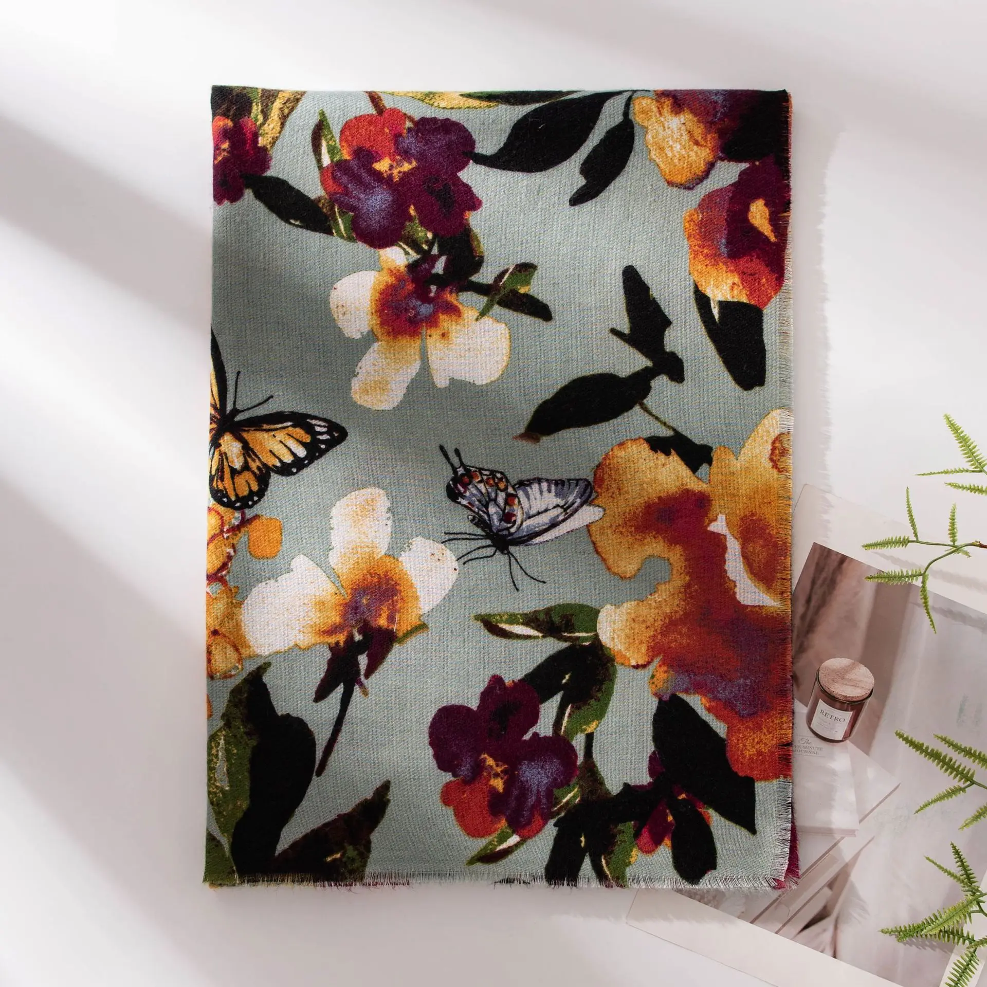 

Женский шарф из искусственного кашемира с принтом бабочки для зимнего тепло, модная, универсальная и морозостойкая защитная шаль для шеи