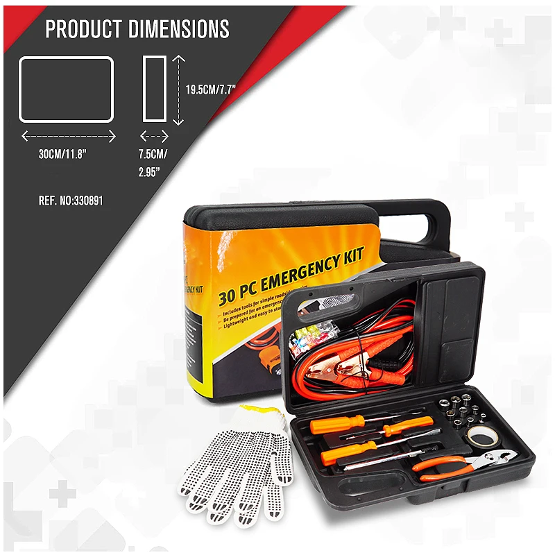 30 Pieces Vehicle Tools Car Emergency Repair And Rescue Kit With Jumper Cables