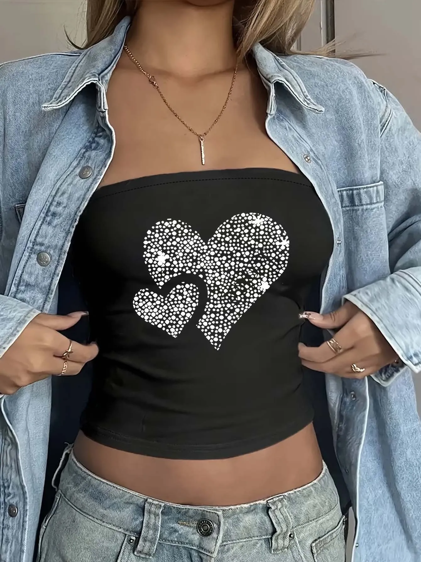 Women's dress with heart-shaped pattern print design, elegant summer casual simple tight short-sleeved plunging top